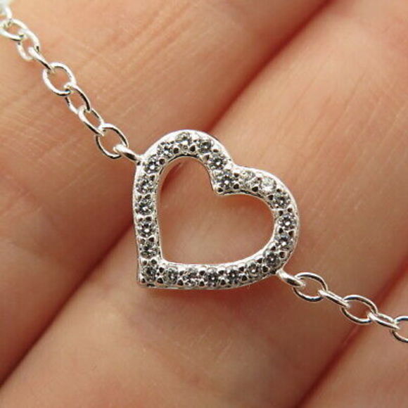 925 Sterling Silver Pave C Z Open Heart Charm Cable Link Bracelet 8" - Picture 4 of 6